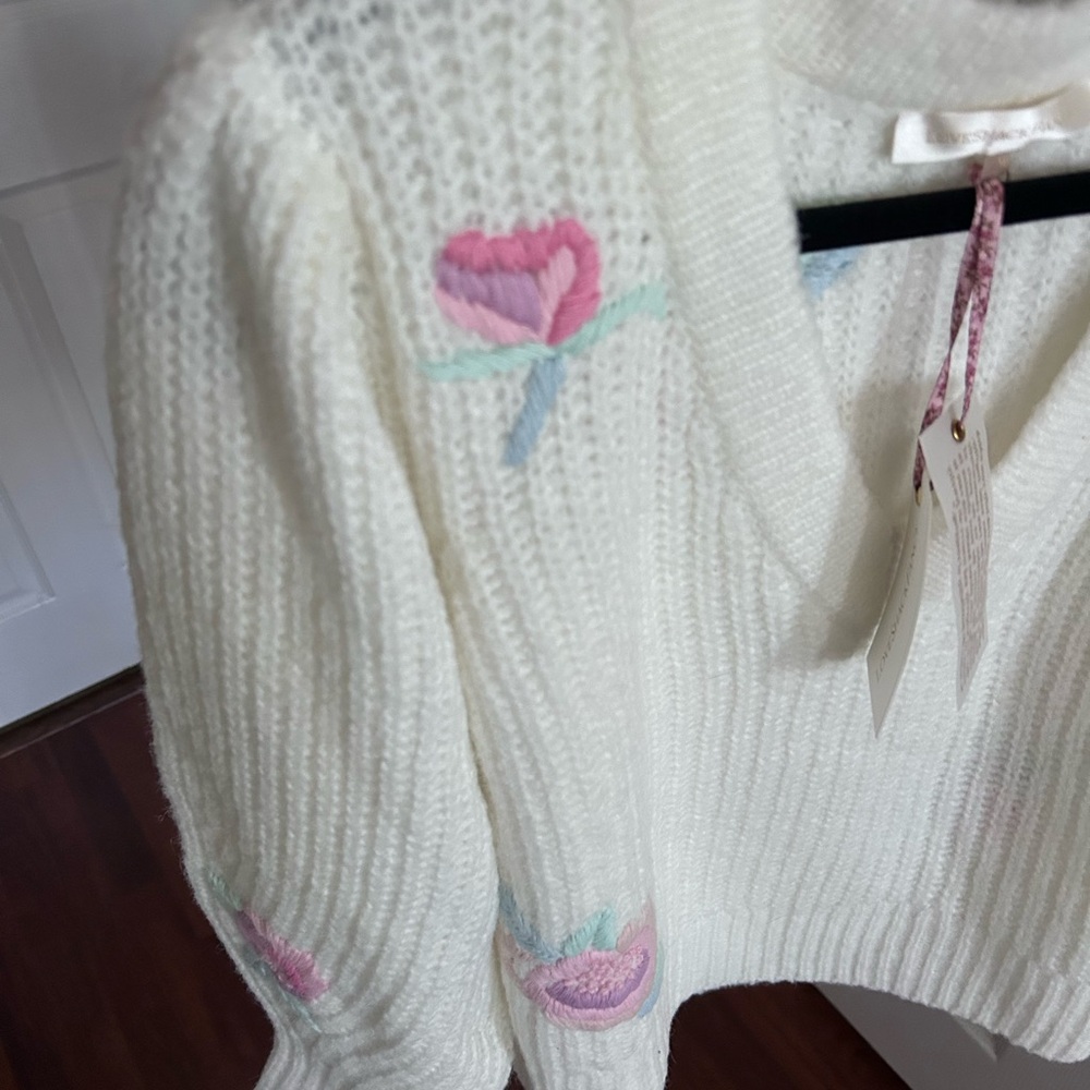 NWT LoveShackFancy Ridge V Neck Floral Embroidery Sweater Pullover M - Picture 17 of 17
